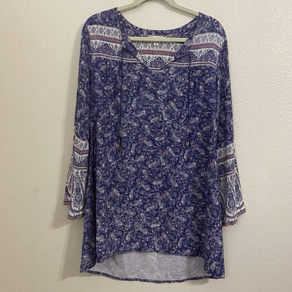 EUC Billabong Paisley Tie-Neck Peasant Tunic Dress in Navy and White Design - Picture 10 of 14